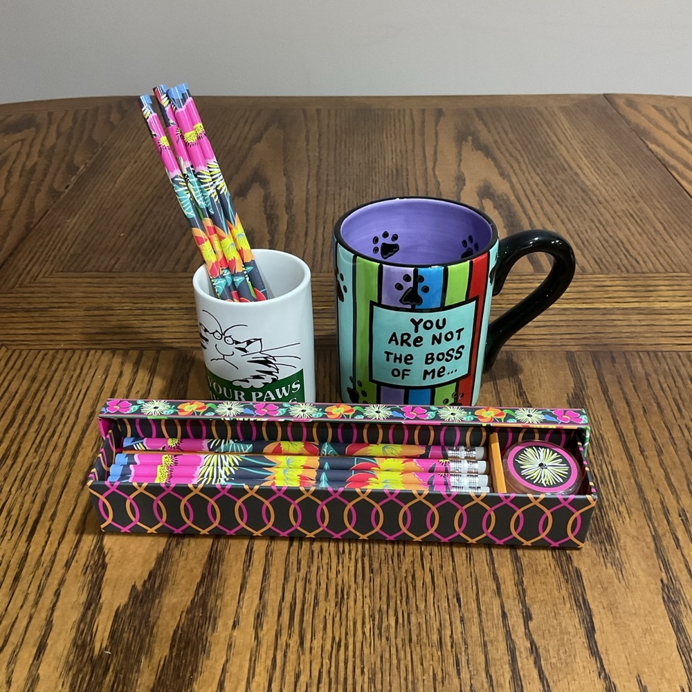 Colorful Cat Mug, Cat Pencil Holder and Pencil Set